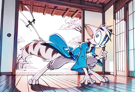 Mace, Dreamkeepers, 1boy, anthropomorphic, feline-like, white fur, spiky hair, masterpiece, best quality, chest fur, <lora:Dreamkeepers_Mace_Illustrious:0.8>, indoors, pants
,masterpiece, best quality, amazing quality, male, score_9, score_8_up, score_7_up, solo, no text, high detailed, high quality, masterpiece, no text, quality highlights, 8k detail, detailed background, ultra-detailed, high quality, vibrant darker colors, best quality, rendering, high resolution, best render quality, standing, facial features, white skin, Japanese temple, medium bushy tail, male, detailed hair, narrow shoulders, one tone torso, two tone face, two tone tail, sexy, vibrant details, fluffy fur, blue eyes, wide curves, black nose, Blue robe, katana, calm expression, swinging sword, bloody sword, action lines, in the air, cutting through enemies, swinging around katana, badass, flowing wind,