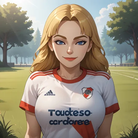 score_9, score_8, BREAK, solo, mii, wii, wii sports resort, 1girl, female mii, cute, blonde hair, long hair, dark blonde eyebrows, black eyeshadow, blue eyes, lips, wide lips, RiverPlate, striped shirt, striped, shirt, white shirt, short sleeves, clothes writing, sportswear, soccer uniform, shoes, big breasts, Gabi_(\Wii_Sports_Resort\), white skin, Nintendo Mii, modern_mii, classic_mii, sexy pose, self portrait, smile, outdoors, sunlight, shadows, evening lighting, natural lighting, forest, trees, grass, orange sky, sunset