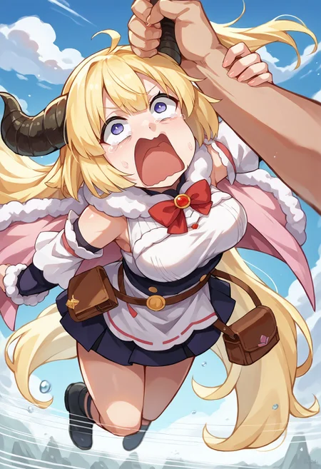 score_9, score_8_up,score_7_up, source_furry, source_anime,
BREAK
blue sky,speed lines, motion blur,
BREAK
lifting,in air, flying,horn grab,WatameBase, very long hair, ahoge, hairclip, fur-trimmed dress, short dress, red bowtie, detached sleeves, pouch, fur-trimmed cape, pink cape, swinging, aquascreaming, screaming, open mouth, crying with eyes open, windy, speed lines, mature, leaning forward, motion blur, speed lines,
BREAK
horn grab, pov,
<lora:HornGrabXL1:1> <lora:last_1:0.8> <lora:concept_aquascreaming_ponyXL:0.8> ,
