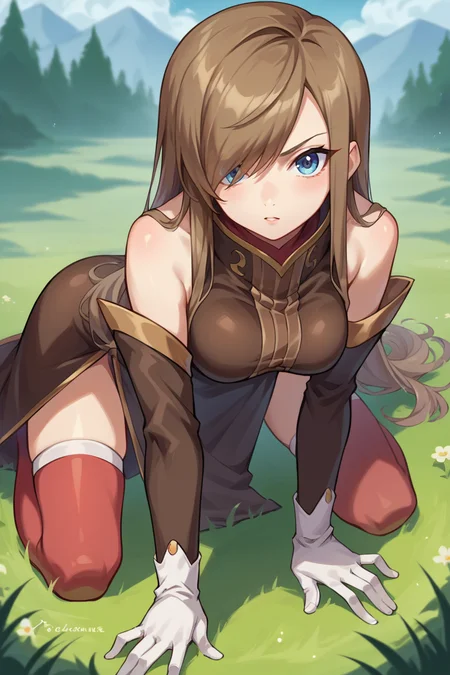 score_9, score_8_up, score_7_up, score_6_up, source_anime BREAK 1girl, solo <lora:teargrants-pdxl-nvwls-v1-000005:1> tgrants, brown hair, hair over one eye, brown dress, bare shoulders, detached sleeves, white gloves, red thighhighs, medium breasts, kneeling, all fours, looking at you, field