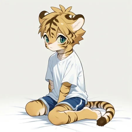 Kemono art style, tiger, solo, cute, short male, small anthro, shirt, shorts, sitting, full body, correct anatomy, score_9, score_8_up, score_7_up