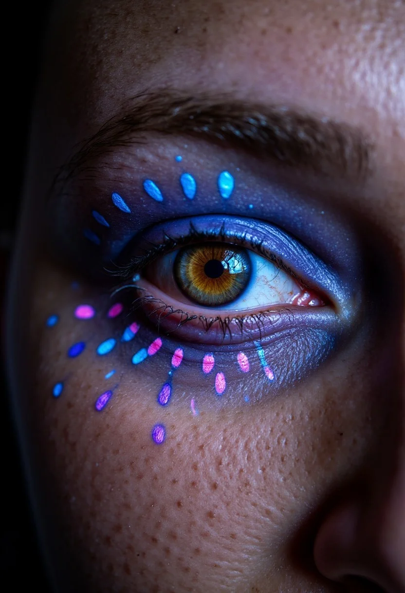 Eyes adorned with a quantum particle effect, where swirling, glowing dots in blue and pink dance across the lids, mimicking subatomic motion. The makeup shifts between matte and iridescent, and her lashes are tipped with energy-like sparks. Her irises pulse with a neon vortex, shot in a high-energy, sci-fi lab setting with a Nikon D5, .nef file, emphasizing the dynamic, fleeting patterns.
, aidmarealisticskin, aidmaHyperrealism