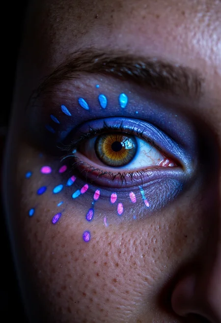 Eyes adorned with a quantum particle effect, where swirling, glowing dots in blue and pink dance across the lids, mimicking subatomic motion. The makeup shifts between matte and iridescent, and her lashes are tipped with energy-like sparks. Her irises pulse with a neon vortex, shot in a high-energy, sci-fi lab setting with a Nikon D5, .nef file, emphasizing the dynamic, fleeting patterns.
, aidmarealisticskin, aidmaHyperrealism