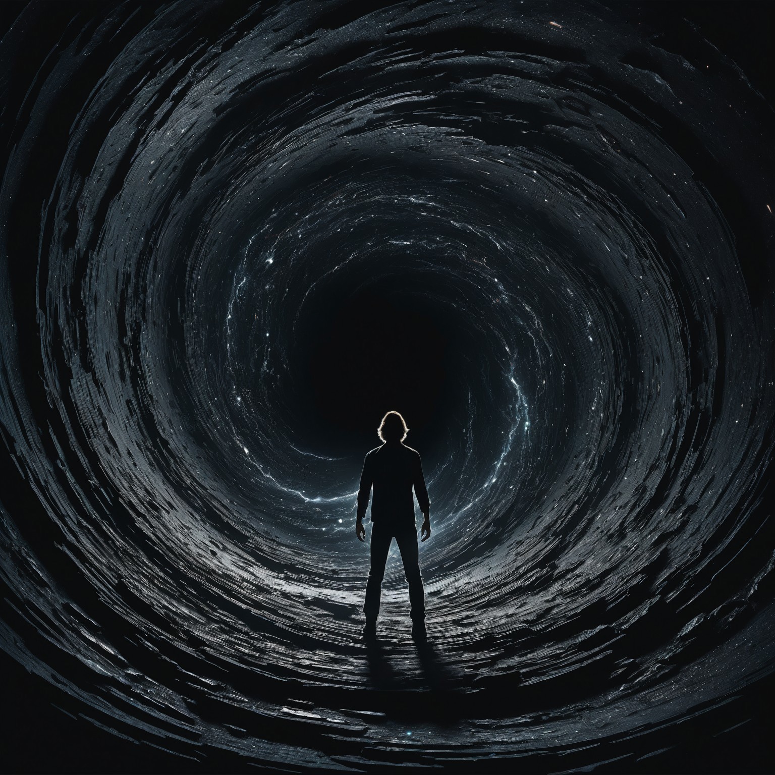 In the heart of the darkness, a group of individuals is engulfed in a black hole. Despite their desire to simply let loose and rock out, they find themselves trapped in this chaotic space. Picture a vividly dark and swirling vortex, almost mesmerizing in its intensity. The figures within are portrayed with intricate detail, their defiant spirit shining through even in the face of overwhelming despair. This image is a masterpiece of contrast, blending the energy of rock and roll with the ominous allure of a black hole.