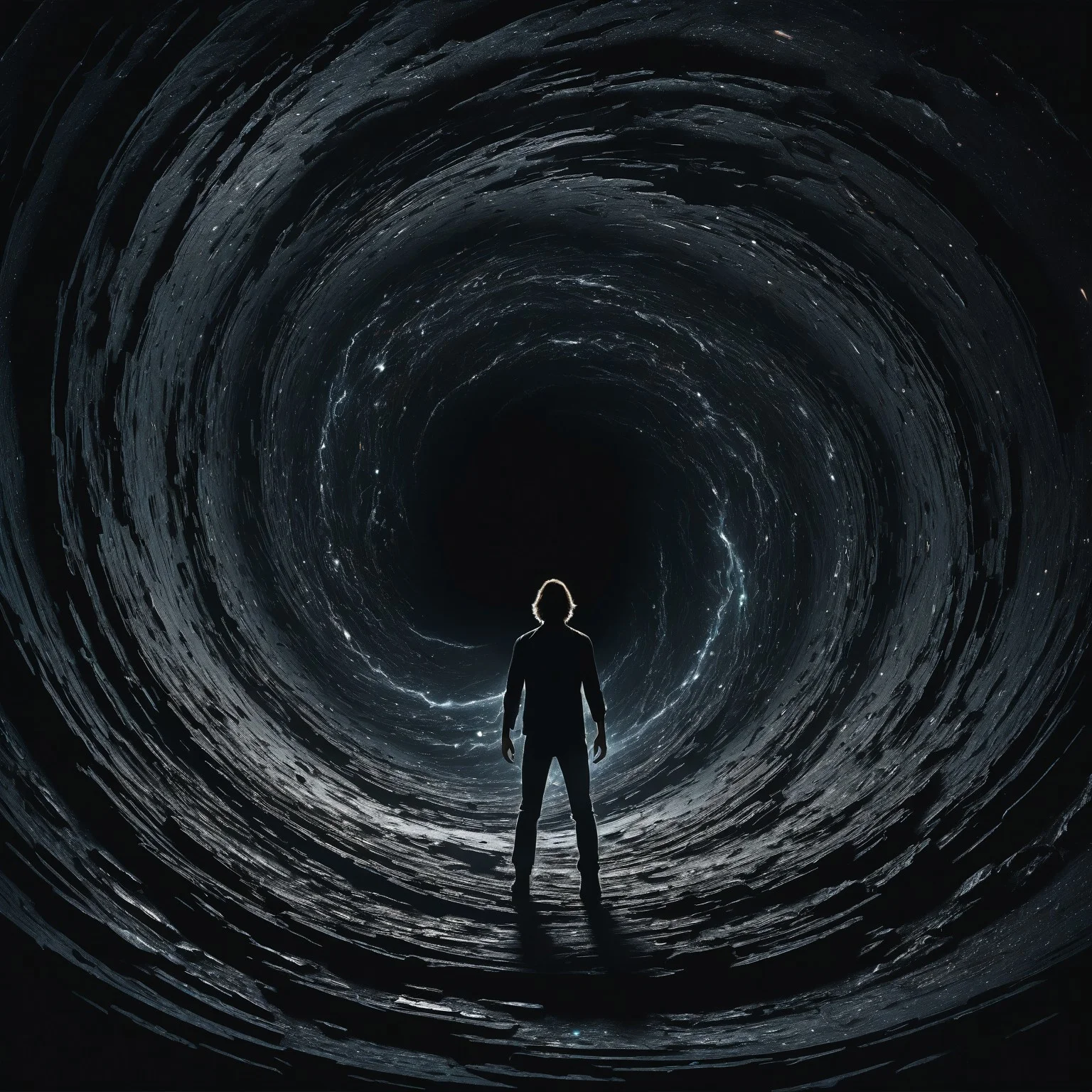 In the heart of the darkness, a group of individuals is engulfed in a black hole. Despite their desire to simply let loose and rock out, they find themselves trapped in this chaotic space. Picture a vividly dark and swirling vortex, almost mesmerizing in its intensity. The figures within are portrayed with intricate detail, their defiant spirit shining through even in the face of overwhelming despair. This image is a masterpiece of contrast, blending the energy of rock and roll with the ominous allure of a black hole.