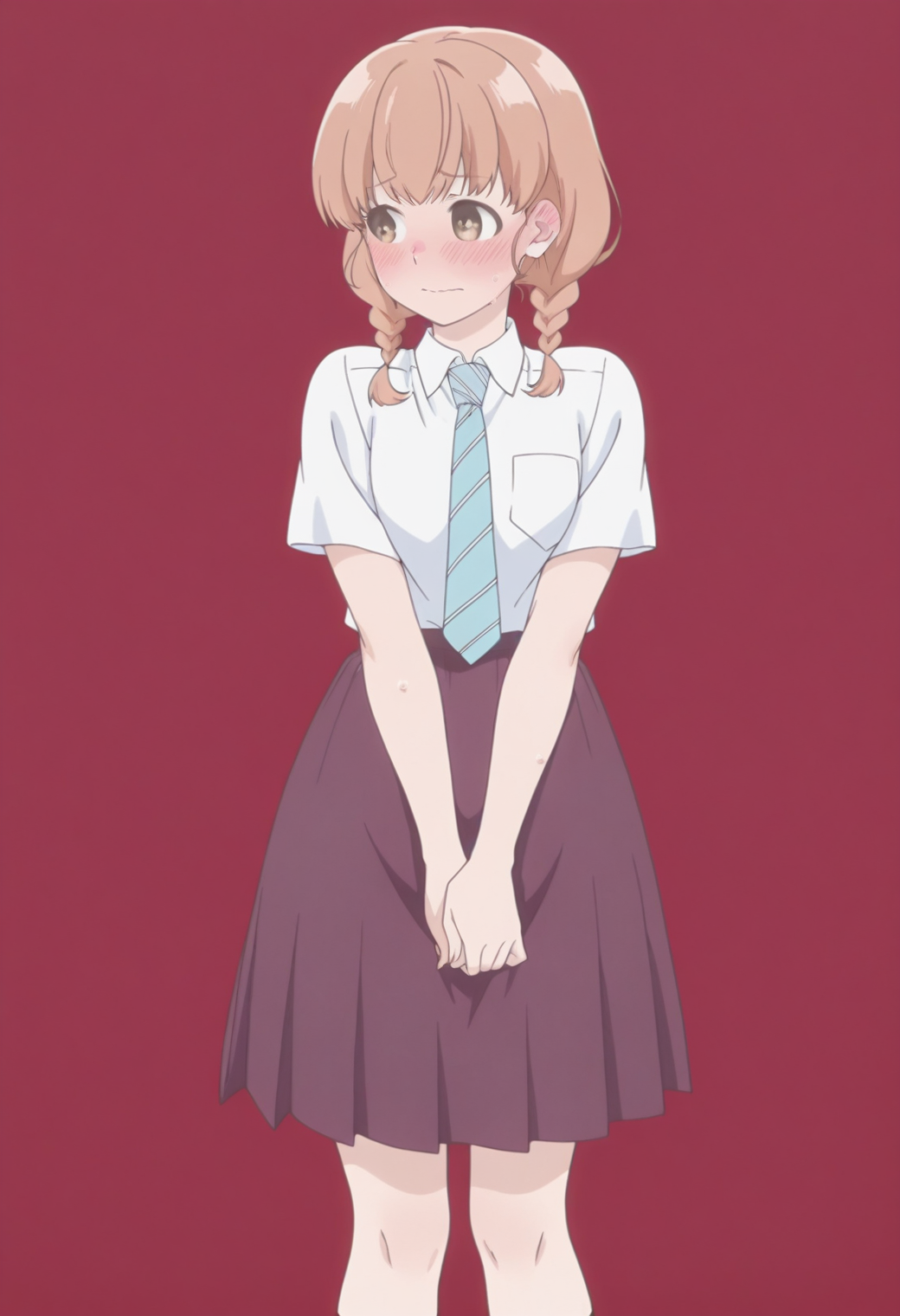 anime screencap, anime coloring, <lora:DX888Momoko:1>  sudou momoko, brown eyes, medium hair, twin braids, BREAK simple background, red background,  BREAK  school uniform, white shirt, striped necktie, skirt BREAK           1girl, arm up, averting eyes, blush, (embarrassed:1.2), looking to the side, solo, standing, sweat, (ear blush:1.2),