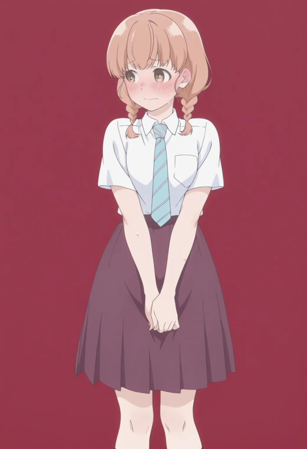 anime screencap, anime coloring, <lora:DX888Momoko:1> sudou momoko, brown eyes, medium hair, twin braids, BREAK simple background, red background, BREAK school uniform, white shirt, striped necktie, skirt BREAK 1girl, arm up, averting eyes, blush, (embarrassed:1.2), looking to the side, solo, standing, sweat, (ear blush:1.2),