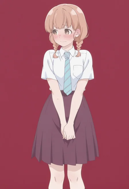 anime screencap, anime coloring, <lora:DX888Momoko:1>  sudou momoko, brown eyes, medium hair, twin braids, BREAK simple background, red background,  BREAK  school uniform, white shirt, striped necktie, skirt BREAK           1girl, arm up, averting eyes, blush, (embarrassed:1.2), looking to the side, solo, standing, sweat, (ear blush:1.2),