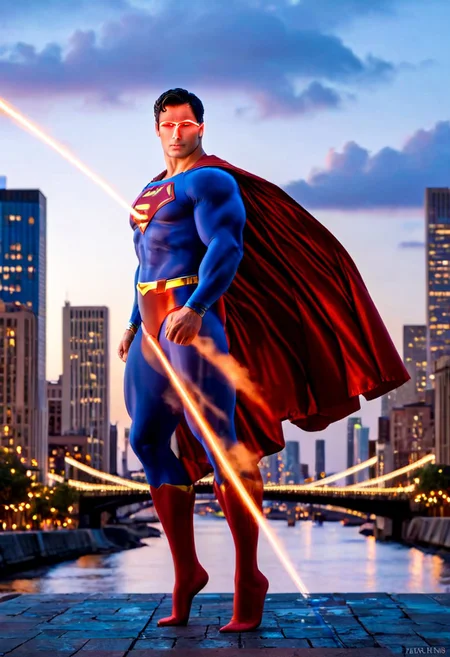 <lora:skyline-Pony:0.8>,sky,city,lights,night,building,tower,scenery,bridge,architecture,cityscape,skyline,outdoors,skyscraper,background,street,humans,river,cloud,painting,tree,water,, fullbody shot of Superman, (Height, Approximately 6 feet 4 inches:1), (Build, muscular and toned with an elegant yet athletic figure:1), (Hair, Medium to dark black hair, often styled in soft waves, sleek straight locks, spitcurl, hair color sometimes shifts to lighter shades with highlights:1), (Eyes, Bright blue eyes, one of his most distinguishing features, complemented by his blue costume. His gaze is captivating and expressive:1),  (Skin, Fair to light tanned complexion with a natural, radiant glow, complemented by smooth, clear skin:1), (Superman costume). building, outdoors, scenery, day, anamorphic film style, anamorphic bokeh style