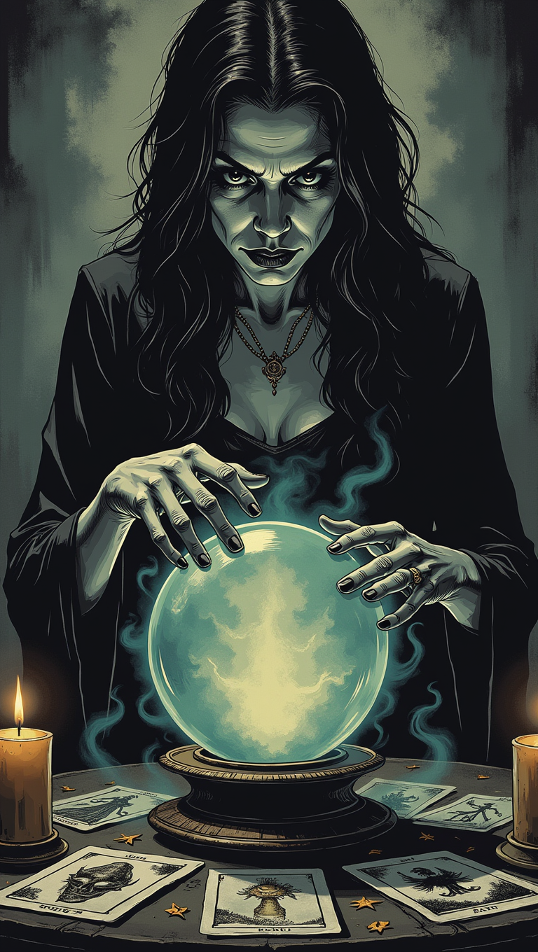 d4rkc0mic . An enigmatic fortune teller in a dimly lit room, her hands hovering over a crystal ball. Her eyes are intense, peering into the swirling mists within the glass. The table in front of her is cluttered with tarot cards, candles, and strange artifacts, creating an atmosphere thick with mystery
  <lora:dark-comic:0.8>