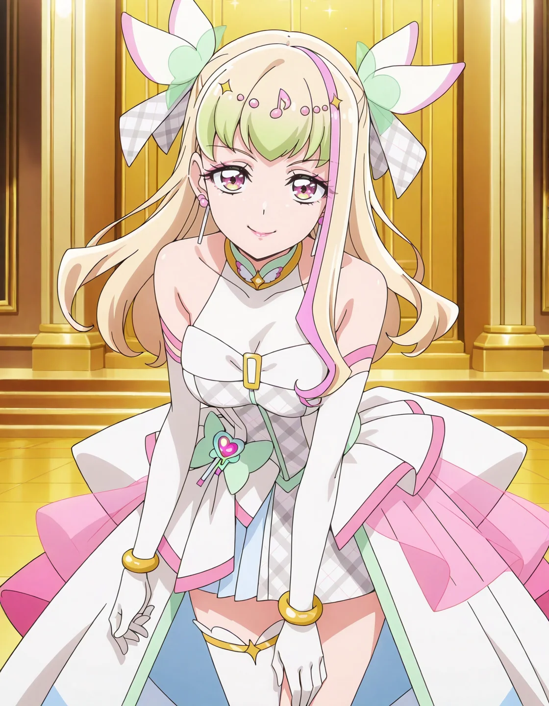 anime screencap, solo,1girl, curezukyoon, solo, gloves,elbow gloves, jewelry, idol, dress, thighhighs, earrings, musical note, bow, white gloves, smile, looking at viewer, bracelet, hair ornament, bare shoulders, single thighhigh, makeup, magical girl,large breasts,<lora:curezukyoon_IL:0.8>
high definition,amazing quality,best quality,very aesthetic,masterpiece,absurdres,