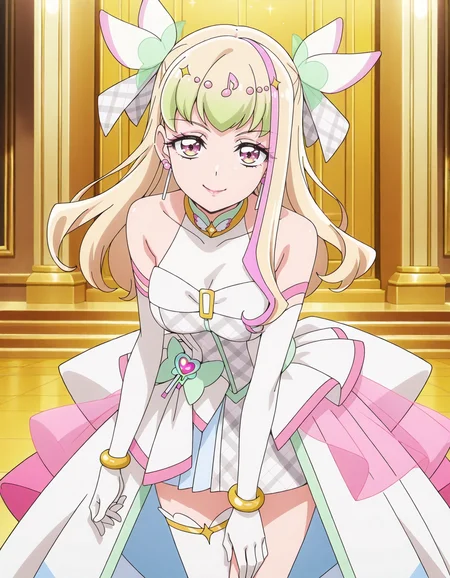 anime screencap, solo,1girl, curezukyoon, solo, gloves,elbow gloves, jewelry, idol, dress, thighhighs, earrings, musical note, bow, white gloves, smile, looking at viewer, bracelet, hair ornament, bare shoulders, single thighhigh, makeup, magical girl,large breasts,<lora:curezukyoon_IL:0.8>
high definition,amazing quality,best quality,very aesthetic,masterpiece,absurdres,