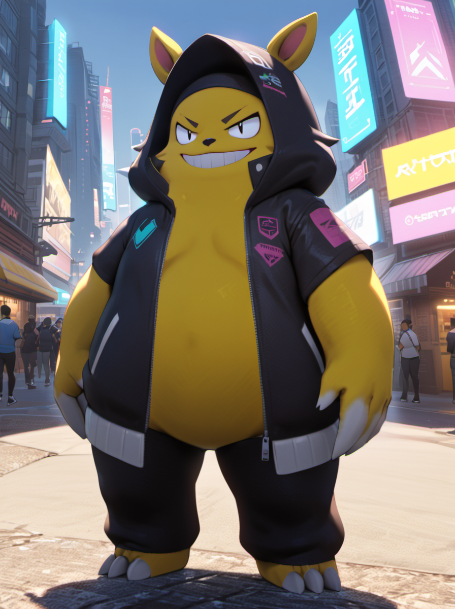 palworld-grizzbolt, pokemon,  <lora:palworld_grizzbolt_xl_v1-000019:0.75>, furry male, yellow skin, pot belly, 
(masterpiece:1.2, best quality:1.1, highres,absurdres, high quality), reflected light, colorful,ultra-detailed,8k, ultra hd, super detailed, (hayasaka ai), cyberpunk style, cyberpunk, science fiction, neon lights, jacket, pants, city