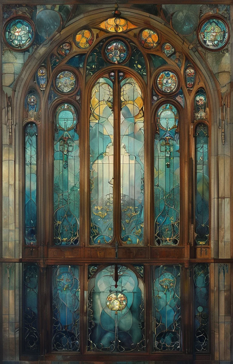 masterpiece,best quality,<lora:tbh309-sdxl:0.9>,illustration,designed by Victor Horta, Gothic revival cathedral with intricate spires and stained glass windows, bathed in moonlight