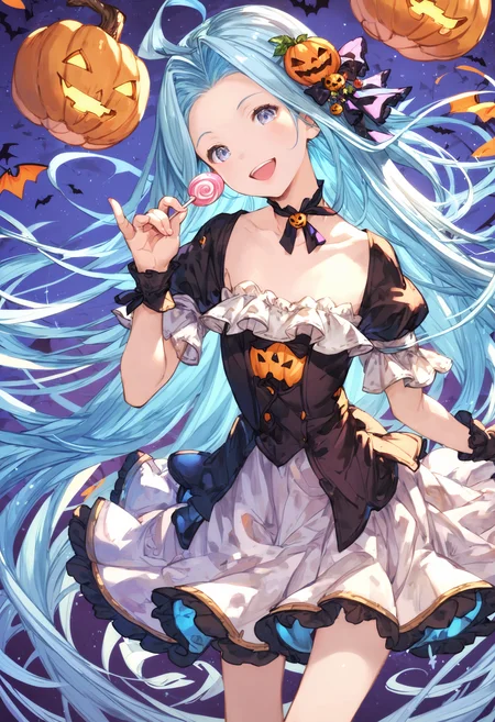 score_9, score_8_up, score_7_up,score_6_up, source_anime, best quality, aesthetic, absurdres, realistic,
halloween, halloween costume, official alternate costume, hair ornament, miniskirt, holding lollipop candy,
1girl, solo, smile, upper teeth only, (clear eyes:1.1), looking at viewer,
Lyria (Granblue Fantasy), very long hair, blue hair, (body_slim:1.1), small breasts, bare legs,
<lora:Lyria-Pony:0.8> <lora:IshikePony:0.2>