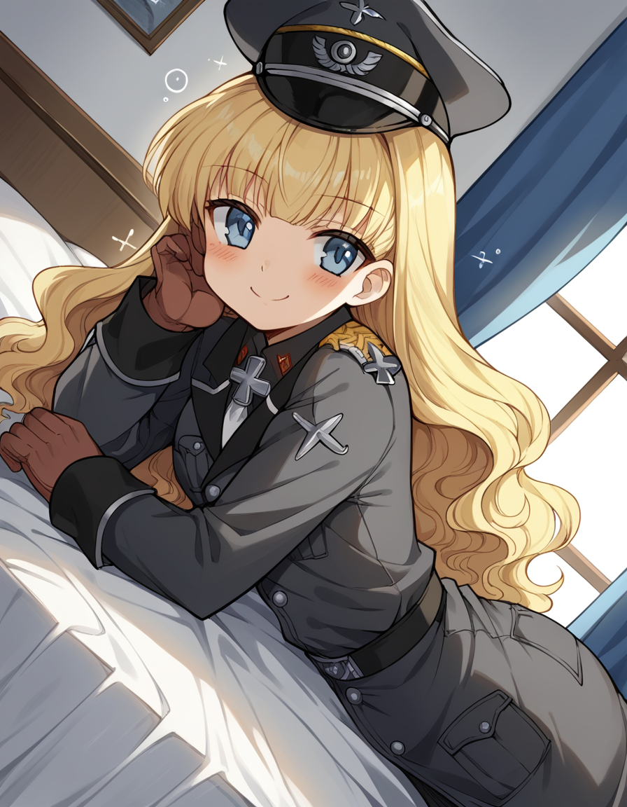 score_9, score_8_up, score_7_up, source_anime, <lora:retia-adolf-ponyxl-lora-nochekaiser:1>, retia adolf, blue eyes, blonde hair, wavy hair, bangs,, gloves, hat, military uniform, peaked cap, zettai ryouiki,, indoors, bed, bed room, on side, blush, drunk,, smile, , smile, solo,, cowboy shot, dutch angle