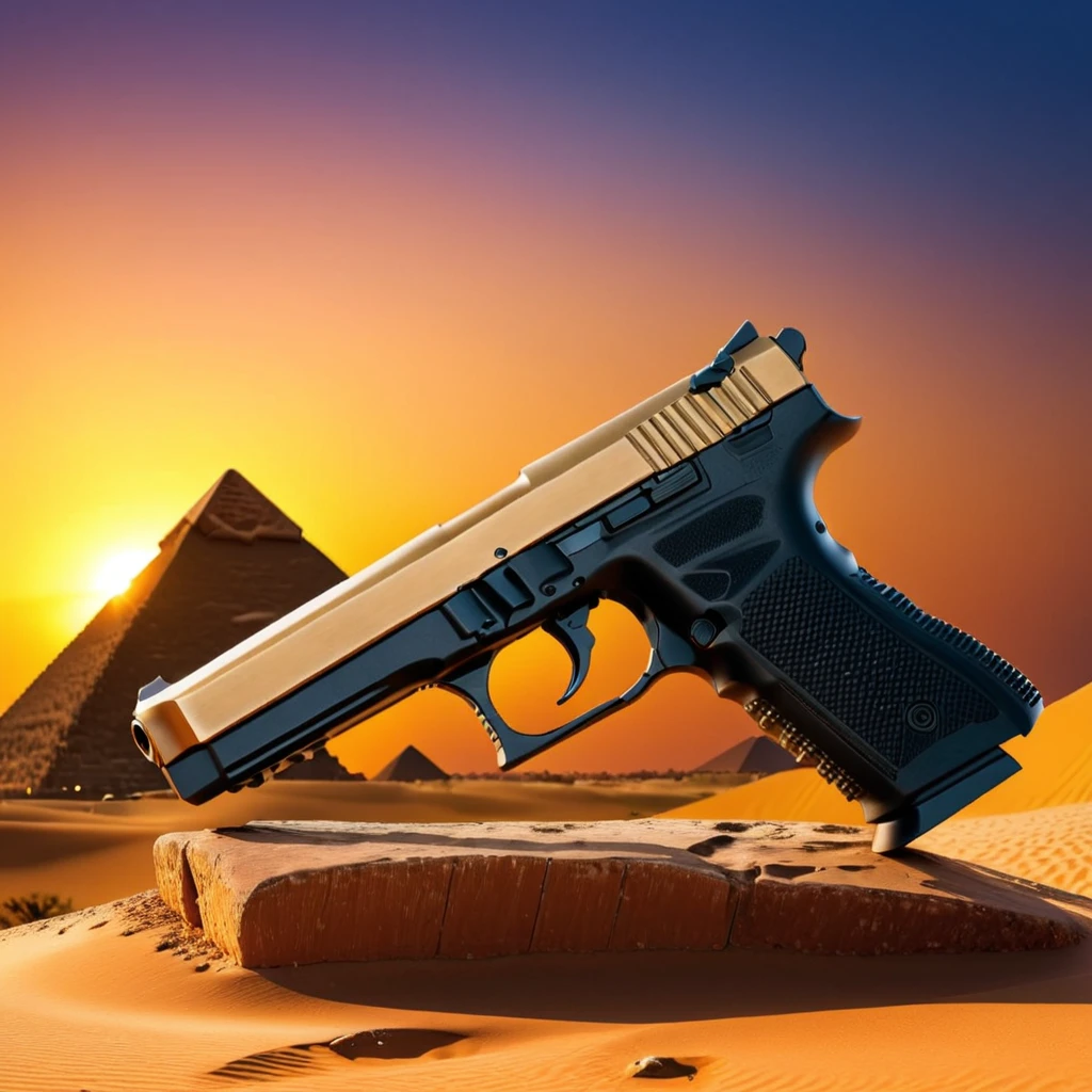 (handgun showcase) <lora:54_handgun_showcase:1.1>
Lime background,
high quality, professional, highres, amazing, dramatic,
(Ancient Egyptian pyramids and desert sunset:0.5),