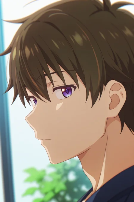 masterpiece, best quality, amazing quality,very aesthetic, high resolution, ultra-detailed, absurdres, newest, scenery, volumetric lighting,official style,depth of field,anime screencap,anime coloring, , , 1boy, solo, male focus, , ,  <lora:Wataru_Sajo:0.76>, wataru sajo,dark brown hair,short hair,purple eyes,looking at viewer,from side,portrait,chromatic aberration,blurry