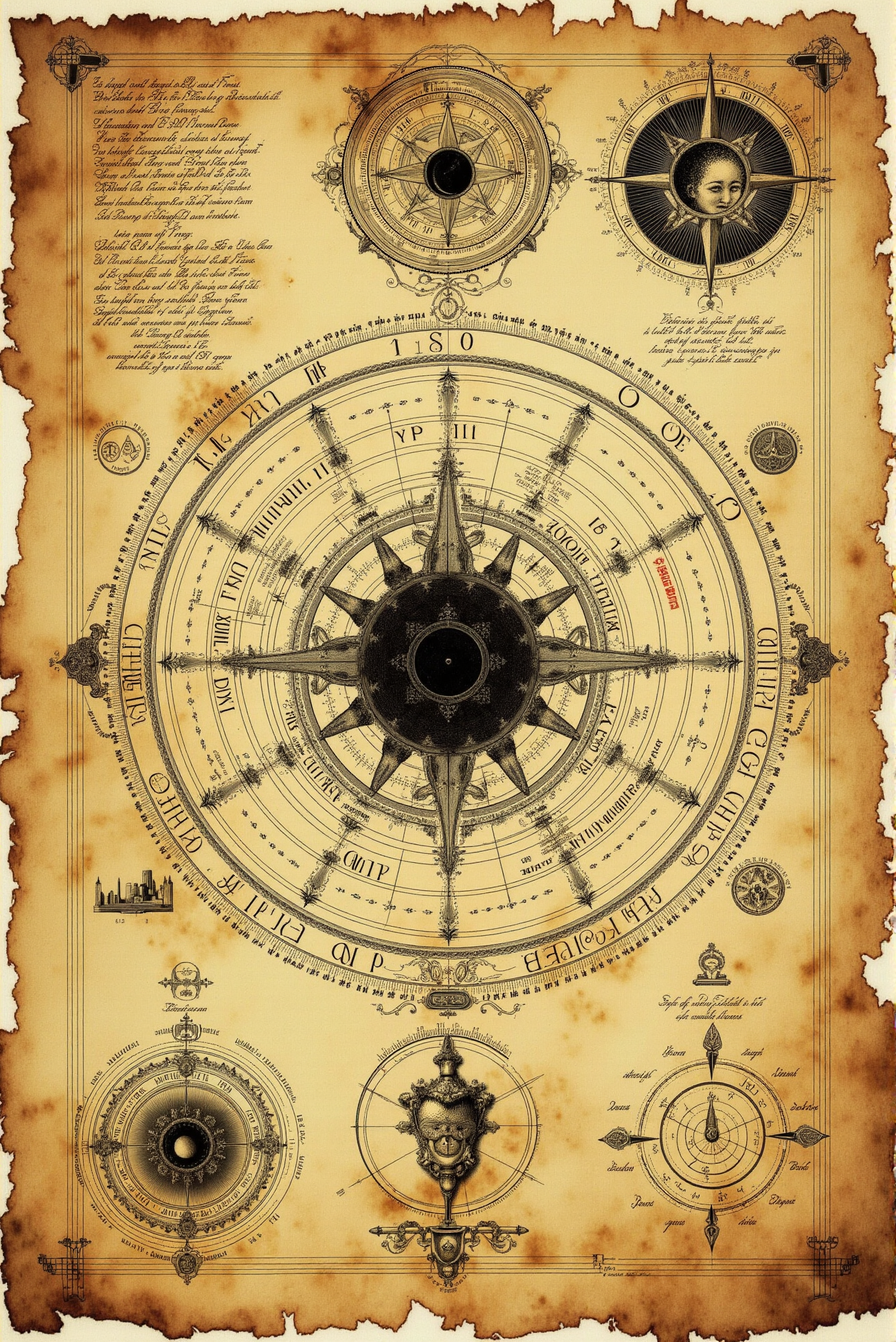 <lora:Vintage_sketch_style_v.1:0.8> VintageSketch style. An intricate vintage sketch features A beautifully aged and weathered parchment displays an intricate alchemical and astronomical diagram, evoking the aura of an ancient scholarâs lost manuscript. The composition centers around a meticulously drawn celestial chart, featuring concentric circles intersected by delicate geometric lines and arcane symbols. At the very core, a dark, inky vortex radiates outward, surrounded by cryptic glyphs and astrological markings, suggesting a fusion of esoteric knowledge and cosmic alignment. The outermost rings contain a segmented structure resembling a calendar or an astrolabe, each section meticulously inscribed with indecipherable runes, planetary sigils, and zodiacal emblems. Delicate annotations in an archaic, almost calligraphic script frame the diagram, adding a sense of scholarly mystique, as if the document serves as a key to unlocking celestial mysteries. In the upper right, a stylized sun with a serene face casts radiant beams, its presence balancing the darker cosmic void at the diagramâs center. To the left, a shadowy celestial body, perhaps an eclipse or a black hole, looms ominously, reinforcing the duality of light and darkness. Subtle architectural sketches and mathematical grids blend seamlessly into the parchment, as if merging celestial mechanics with sacred geometry. The entire piece is bathed in warm sepia tones, with scorched edges and ink splatters lending an air of authenticity, as though it has survived centuries of timeâs passage. The artistic style masterfully blends medieval manuscript illumination with steampunk aesthetics, capturing the essence of alchemical mysticism and Renaissance-era scientific exploration.