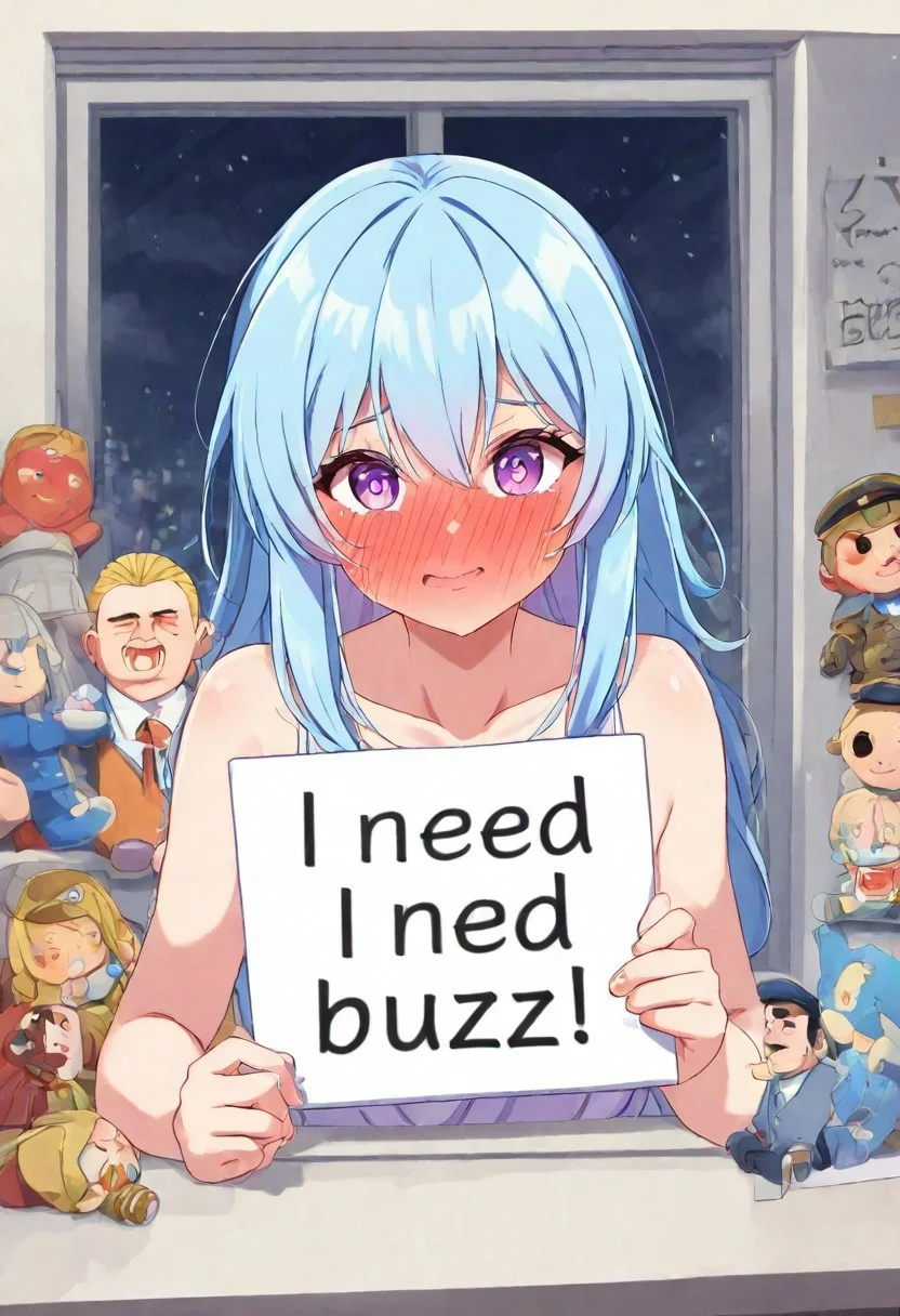masterpiece, best quality, President Trump's bobblehead doll placed by the window, solo, need_buzz, holding sign, that reads "I need buzz!", (full—face blush:1.2),