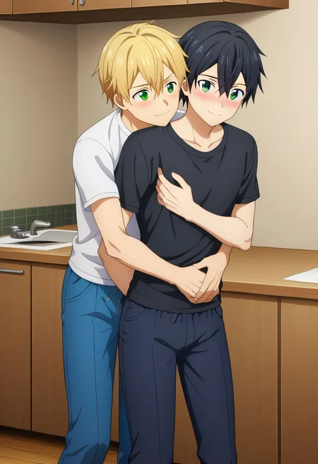 2boys, :d, bangs, close mouth, smile, shy, (hug from behind), white shirt, indoor, yaoi, <lora:HUGGY:0.7>
Kazuto Kirigaya, SAO, black hair, black pants, black shirt, white socks, and
euego, green eyes,blonde hair,hair between eyes, blue shirt, blue pants, socks, green eyes, blush