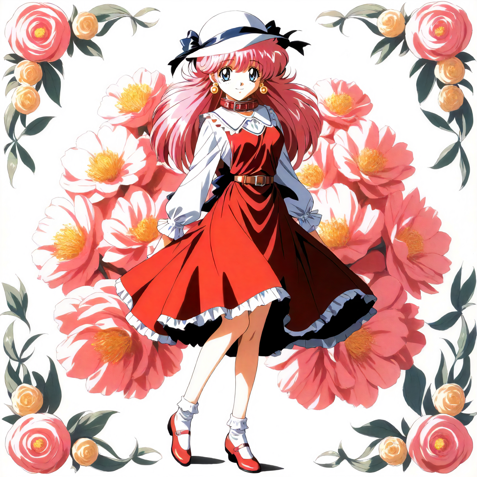 <lora:RC_sill_plainXLanimagine001>,
masterpiece,high score,great score,absurdres,
flower background,glitter,
smile,
looking at viewer,
solo,
anime coloring,retro artstyle,1990s (style),
sill_plain\(rance_series\),1girl,pink hair,long hair,blue eyes,earrings,
white hat,hat ribbon,
belt collar,
frill trim,white shirt,long_sleeves,red dress,wide collared dress,
bare legs,ankle_socks,mary janes,
full body,
standing,