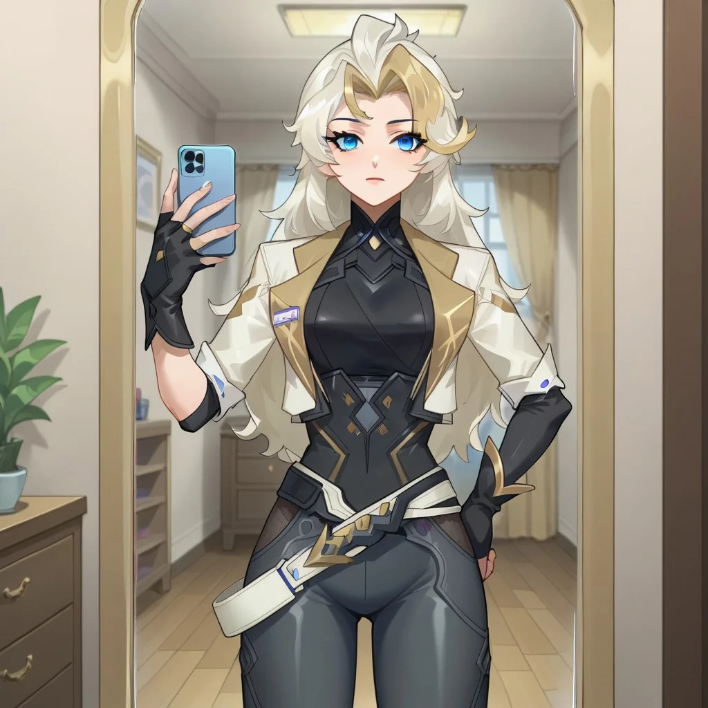 Expressiveh,1girl,
tndu, long hair, blue eyes, blonde hair,, multicolored hair, bodysuit, open jacket open clothes, black gloves on left hand, fingerless gloves on right hand , black pants, long pants
, mirror, room, standing, holding phone, selfie, solo, hand on own hip, score_9, score_7_up,anime coloring ,source_anime, anime, anime screencap,