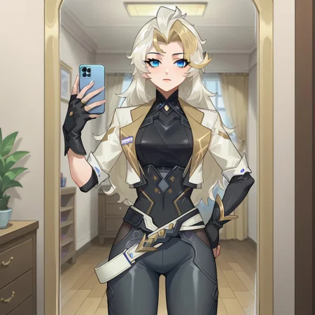 Expressiveh,1girl,
tndu, long hair, blue eyes, blonde hair,, multicolored hair, bodysuit, open jacket open clothes, black gloves on left hand, fingerless gloves on right hand , black pants, long pants
, mirror, room, standing, holding phone, selfie, solo, hand on own hip, score_9, score_7_up,anime coloring ,source_anime, anime, anime screencap,