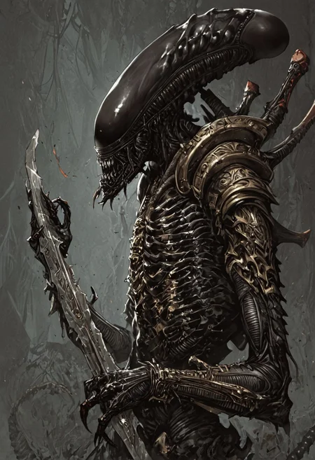 score_9, score_8_up, score_7_up, score_6_up, score_5_up, score_4_up,<lora:Fant5yP0ny:0.8>, xenomorphic creature from Lords of the Fallen, black templar armor, gold sword of Pieta, solo, gold eyes, blood on face, art by hr giger,