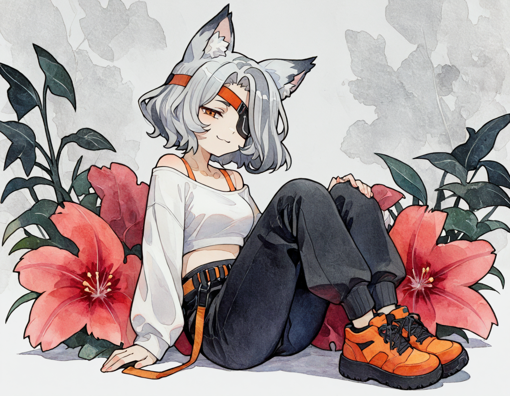 masterpiece, best quality, cel-shaded, anime style, thick black outlines, lineless shading, watercolor, watercolor texture, floral background,

1girl, solo, full body, short grey hair, animal ears, eyepatch, baggy black pants, white crop top, loose shirt, orange bra strap, slightly smug, playful smile, 