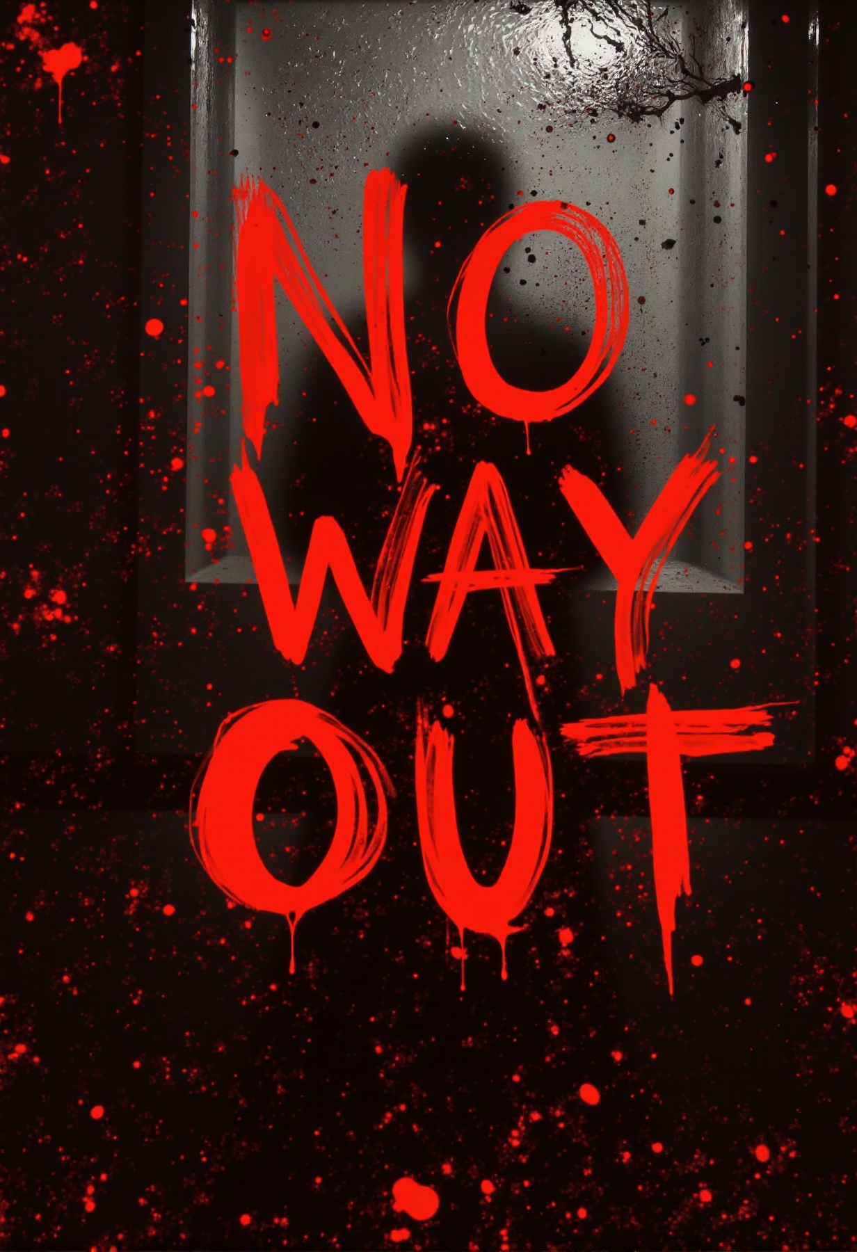 A pitch-black, soot-covered window with the words "NO WAY OUT" scratched in bold, glowing red letters. The scratches form jagged, uneven lines as if clawed with desperation. Bright red beams of light burst through the letters, casting eerie reflections onto the surrounding dark room. The glass is cracked, enhancing the sense of foreboding, and the glowing red letters stand in stark contrast to the deep black surface. The atmosphere is tense and unsettling, with the sharp light from the scratches cutting through the darkness like a warning. glitch, chromatic aberration