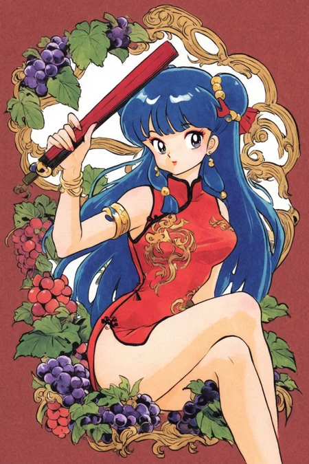 1girl,shampoo (ranma 1/2),solo,long hair,hand fan,jewelry,dress,hair bun,double bun,chinese clothes,folding fan,holding fan,armlet,full body,china dress,grapes,holding,bracelet,black footwear,white background,bangs,sleeveless,retro artstyle,sitting,red dress,looking at viewer,earrings,makeup,simple background,sleeveless dress,leaf,ring,side slit,invisible chair,fruit,hair ornament,crossed legs,very long hair,1990s (style),shoes,folded fan,food,blunt bangs,blue hair,medium breasts,black hair,breasts,traditional media,<lora:Takahashi Rumiko_XL:0.8>,