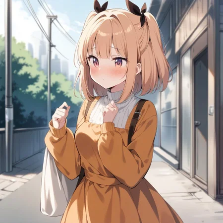 1girl, iijima yun, new game!, aged up, orange dress, frilly dress, outdoors, masterpiece, best quality, absurdres, very aesthetic