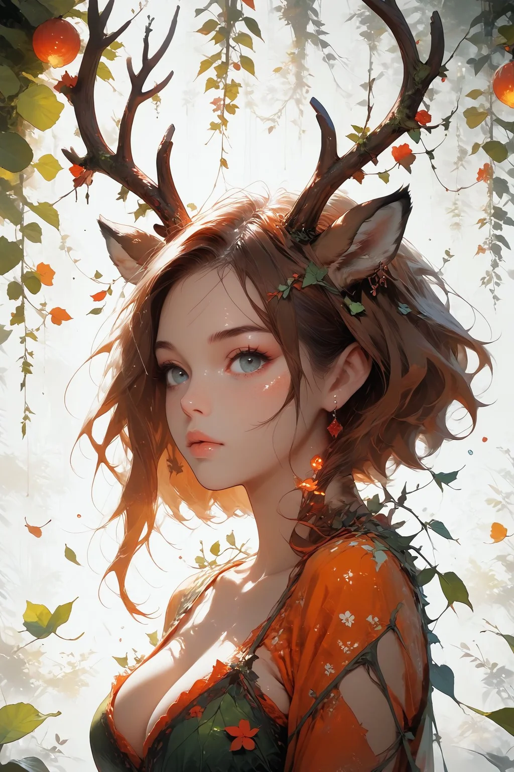 looking at viewer,detailed background,Cinematic Lighting,film grain,score_9,score_8_up,score_7_up,masterpiece,best quality,highly detailed,
<lora:(增强)sdxl_lightning_8step_lora:1>,<lora:glowneon_xl_v1:1>,glowing,<lora:hand 4:1>,hand person,<lora:Expressive_H:0.8>,Expressiveh,<lora:Concept Art Twilight Style SDXL_LoRA_Pony Diffusion V6 XL:0.6>,<lora:th3rm4lXLP:0.4>,th3rm4l,colorful,<lora:4ntl3rsXLP:0.8>,4ntl3rs,antlers,
1girl,animal ears,big breasts,deer ears,earrings,no humans,palmate,solo,upper body,white background,pelt,antlers mix branch,vines,hair vines,leaf,falling leaves,