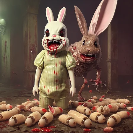 masterpiece, (horrific:1.3), (nonhuman:1.2) (monsters:1.4) (easter bunny rabbit:1.4), (Trypophobia:1.3), (oozing:1.2), (glistening:1.3), (gore:1.3), (wounds:1.3), (rotting:1.3), (decaying:1.3), (maggots:1.2), (kawaii:1.3), (studio ghibli:0.9), mischievous, cheeky, (Smiling Ecstatically:1.1), (dark bloody lipstick:1.3), (big luscious kissable lips:1.3), (multiple rows of tiny sharp needle teeth:1.4), (small tiny flatter breasts:1.4), sexy, sweet, (chunky:0.8), (pregnant:0.9), (psychedelic:0.9), (fur is covered in maggots and rotting decaying flesh:1.3), (background is an amusement park:1.3), ominous, creepy, disturbing, eerie, by Wes Craven, by David Cronenberg, 4k, 8k, uhd, ultrarealistic, ridiculously high resolution, HDR