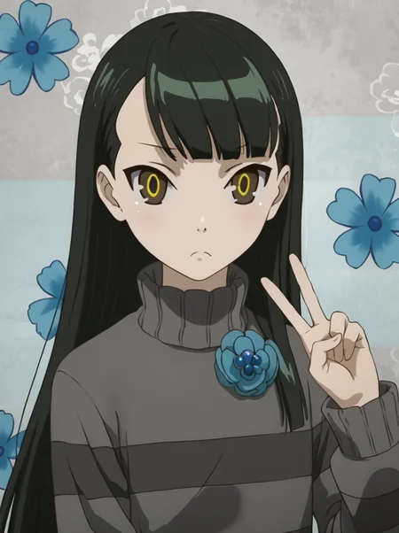 detailed background, posing, rating safe,
<lora:kazamori.pony:1>,
kazamori,
frown, v, w, peace,