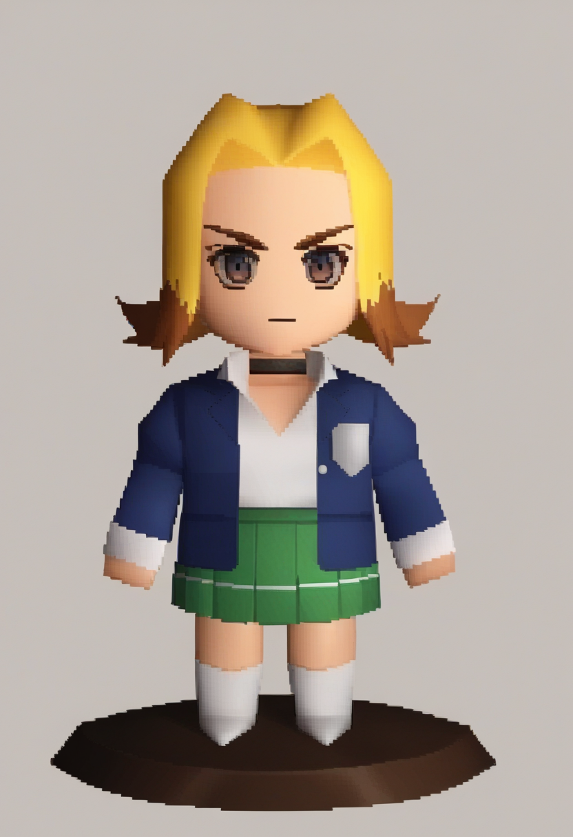score_9, score_8_up, score_7_up, source_anime BREAK 1girl, solo,
 <lora:zs_FFVIIChibisXL_1:1> ffviichibis, chibi, standing, full body, white background
<lora:zs_YumiXL:1> yumiif, blue blazer, white shirt, green pleated skirt, choker, multicolored hair, blonde hair, brown hair, socks