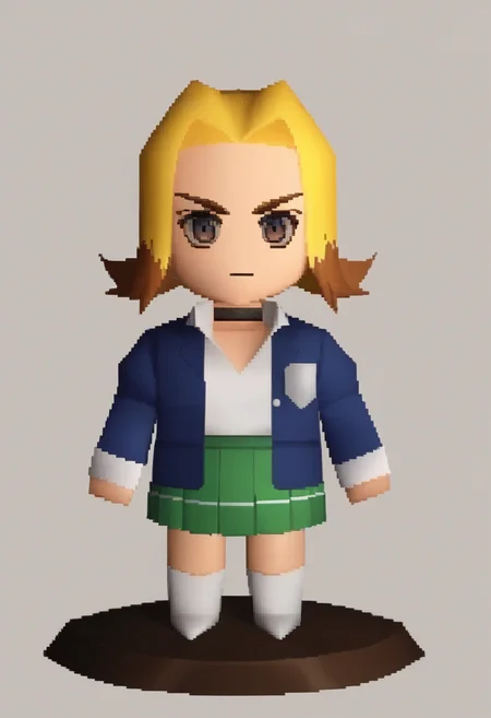 score_9, score_8_up, score_7_up, source_anime BREAK 1girl, solo,
 <lora:zs_FFVIIChibisXL_1:1> ffviichibis, chibi, standing, full body, white background
<lora:zs_YumiXL:1> yumiif, blue blazer, white shirt, green pleated skirt, choker, multicolored hair, blonde hair, brown hair, socks