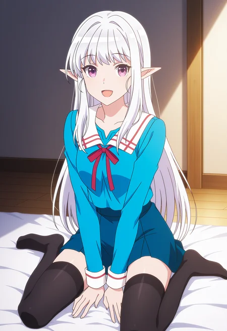 <lora:Mariabelle_illustrious-000040:1>,Mariabelle_one,solo,pointy ears,purple eyes,long hair,open mouth,smile,white hair,looking at viewer,school uniform,:d,blue shirt,long sleeves,darkblue skirt,black thighhighs,cowboy_shot,wariza,sitting,full body,no shoes