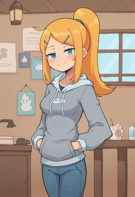 score_9, score_8_up, score_7_up,
1girl, solo, long hair, looking at viewer, smile, hair ornament, long sleeves, closed mouth, blue eyes, standing, ponytail, hairclip, indoors, hood, (blond hair), hoodie, hood down, smug, grey hoodie, jeans, medium breasts,
<lora:gnsisir style v1-000007:0.7>, gns1s1r,