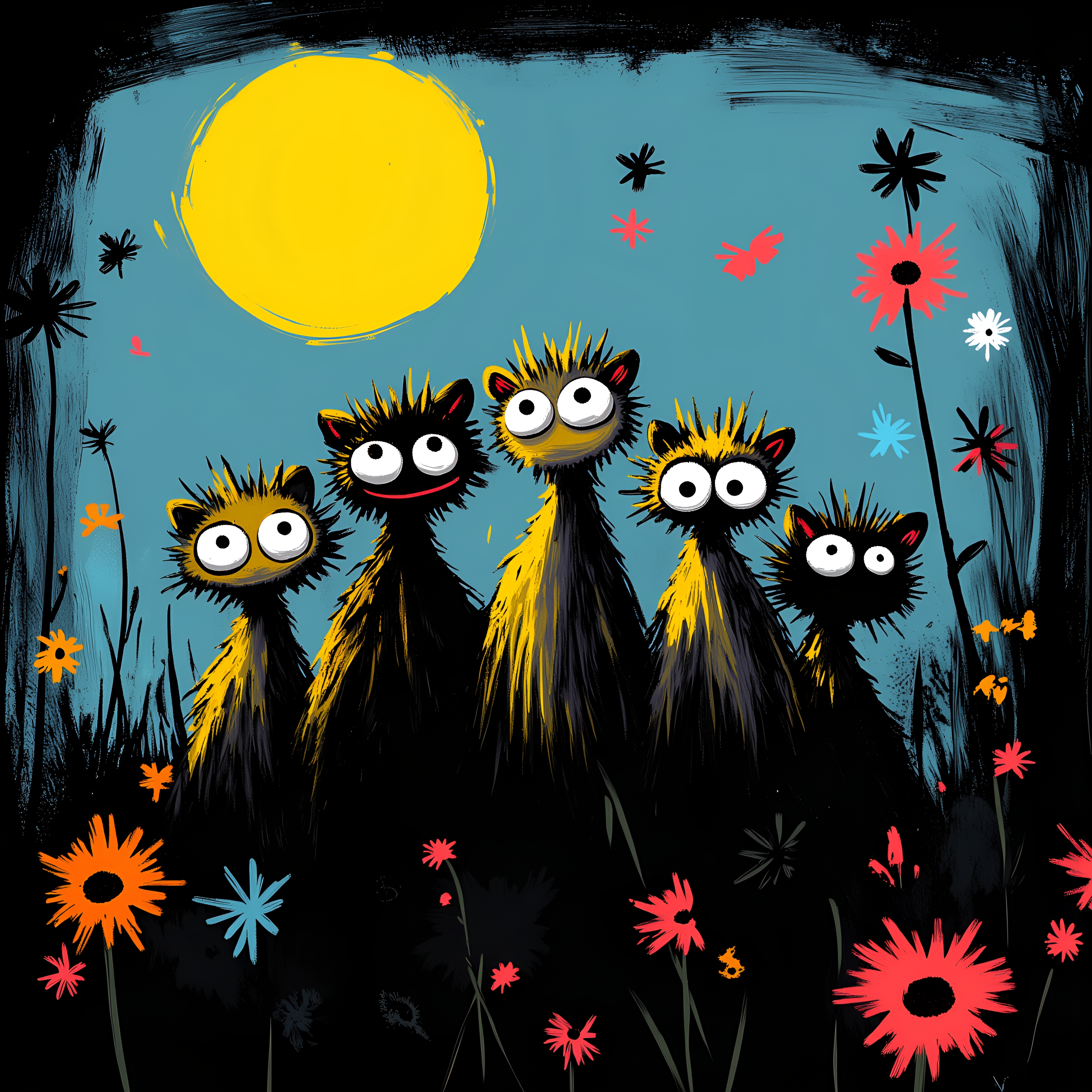 candid , upper body, cinematic lighting, from below/low angle, 8mm Fisheye Lens, dreamy haze. whimsicalart, darkfairytale, (moonlightart:1.2), (whimsical illustration:1.2), dreamy, fantasy, magic.  a breathtaking closeup picture of five cute little raccoons cuddling close together staring into the midnight sun in the far north of alaska.  funny dreamy faces, big eyes, bright smile,  masterpiece of fun.  brilliant dark collors, volumetric lighting, god rays.  , <lora:30 style\flux Dark Whimsical Art v1 ()>, <lora:30 style\flux MOONZ WILD v1 ():0.8>, , , , ,