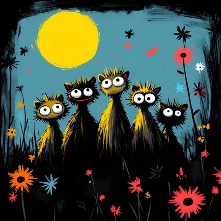 candid , upper body, cinematic lighting, from below/low angle, 8mm Fisheye Lens, dreamy haze. whimsicalart, darkfairytale, (moonlightart:1.2), (whimsical illustration:1.2), dreamy, fantasy, magic.  a breathtaking closeup picture of five cute little raccoons cuddling close together staring into the midnight sun in the far north of alaska.  funny dreamy faces, big eyes, bright smile,  masterpiece of fun.  brilliant dark collors, volumetric lighting, god rays.  , <lora:30 style\flux Dark Whimsical Art v1 ()>, <lora:30 style\flux MOONZ WILD v1 ():0.8>, , , , ,