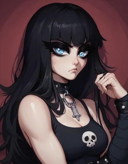 score_9, score_8_up, score_7_up, score_6_up, score_5_up, score_4_up, BREAK 1girl, frown, grimace, goth, black hair, long hair, blue eyes, <lora:JuggertuulPDXL:1>