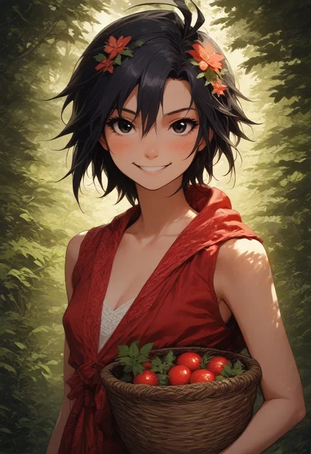 score_9, score_8_up, score_7_up, source_anime, volumetric lighting, warm colors, motion effects, best quality, wallpaper art, looking at viewer, 
1girl, solo, 18 year old, Little Red Riding Hood on a path in the woods, holding basket with berries, delicate and smooth skin, cleavage, shy smile, eyes open, low cut, 
<lora:KikuchiMakoto_pony_v1:0.9> kkcmkt, short hair, black hair, antenna hair, hair between eyes, black eyes, flat chest,  small breasts, 
Expressiveh,  <lora:c0l0urc0r3XLP2:0.40> c0l0urc0r3, cute, bright colours, candy, <lora:RELSM_v1:0.90> <lora:[GP] somethingweirdv1 [Pony XL]:0.20>