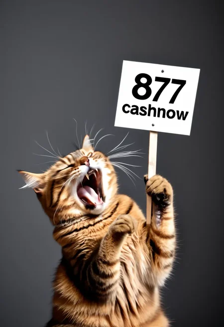 professional portrait photo of a yawning Brown Cat holding sign with text ("877 CASHNOW":1.3), head tilted back, best quality, HD, insane detail <lora:Brown Cat:1>
