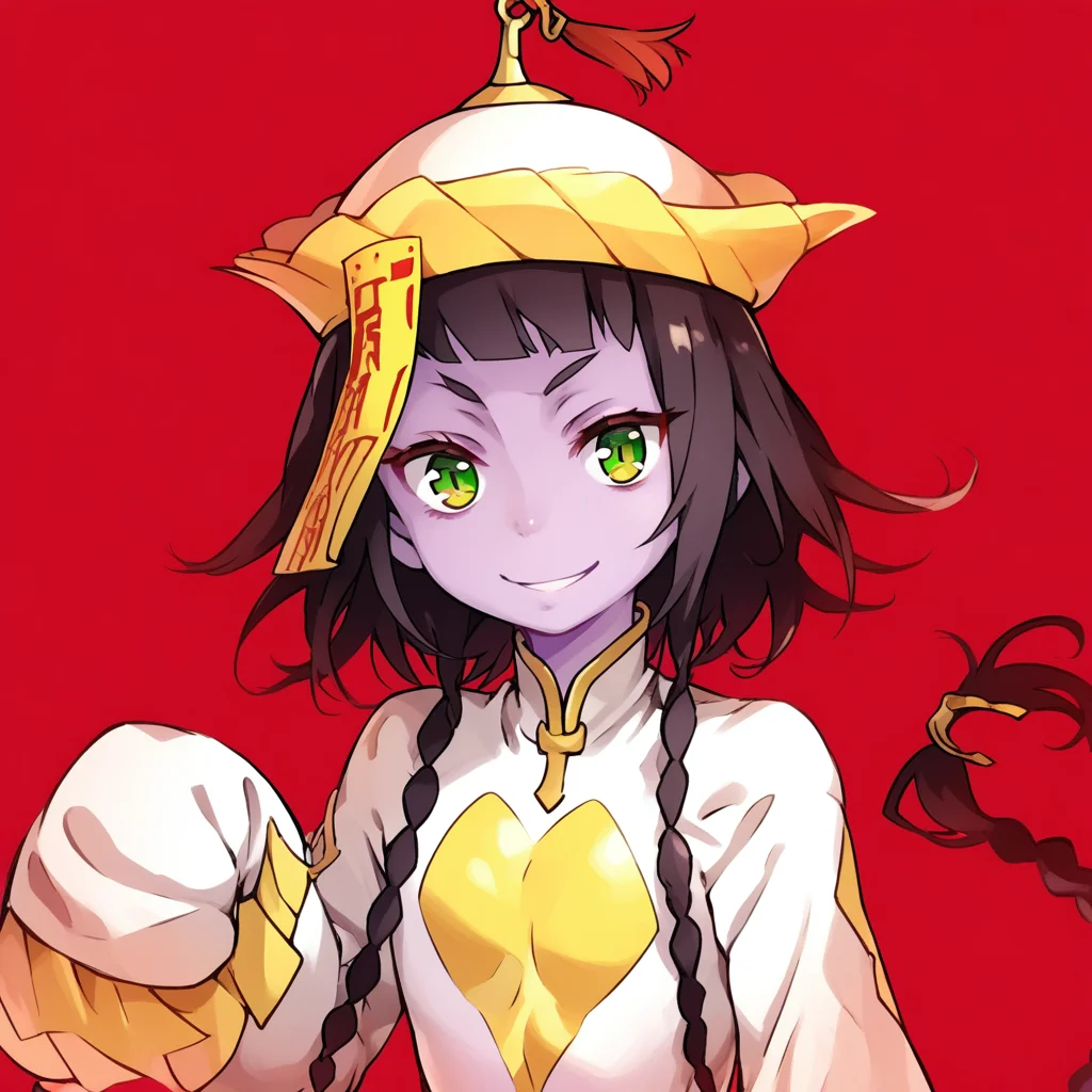 score_9, score_8_up, score_7_up, niang-niang, toaru, 1girl, solo, jiangshi, braid, red background, hat, qing guanmao, sleeves past wrists, smile, ofuda, long hair, sleeves past fingers, looking at viewer, colored skin, twin braids, black hair, purple skin, chinese clothes, simple background, long sleeves, green eyes, bangs, upper body, blue skin