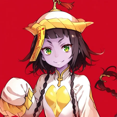 score_9, score_8_up, score_7_up, niang-niang, toaru, 1girl, solo, jiangshi, braid, red background, hat, qing guanmao, sleeves past wrists, smile, ofuda, long hair, sleeves past fingers, looking at viewer, colored skin, twin braids, black hair, purple skin, chinese clothes, simple background, long sleeves, green eyes, bangs, upper body, blue skin