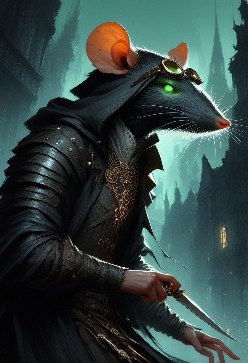 BREAK score_9, score_8_up, score_7_up,  victorian city, night, ominous, solo,  rat man, black longcoat, wearing goggles, green glow eyes, hood, knife, dynamic pose, leaning forward, fully body shot , leather armour, sneaking
(masterpiece, best quality, ultra detailed, intricate details:1.2), (detailed face:1.1), (rat folk:1.5) <lora:RPGRatFolkXL:1>