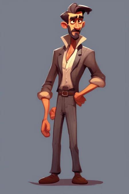 <lora:Character Design:1>Character Design - Create a fullbody Male stylized 2D character for a mobile game with a distinctive, hand-drawn appearance. The artwork should have a strong outline and feature cel-shading to create depth and contrast. Utilize a limited color palette with saturated hues to emphasize the character's personality and mood. The style should evoke a sense of nostalgia, reminiscent of classic animated films and comic book illustrations. Shapes and proportions should lean towards being slightly exaggerated, giving the characters a unique and memorable look. The overall art direction should remain consistent and coherent, ensuring that all characters created with this style feel like they belong to the same captivating, mafia-themed world. Design a character named Don Oatfield, the cunning and powerful leader of the Oatfield Syndicate in the mafia-themed world. He should have a distinguished appearance, with sharp features and a piercing gaze that commands respect. Incorporate elements such as a tailored three-piece suit, a silk tie, and polished dress shoes to convey his wealth and authority. His facial expression should be stern and calculating, with a hint of a smirk that suggests he's always thinking several moves ahead. Accessorize Don Oatfield with a gold watch and cufflinks, as well as a signature signet ring that symbolizes his position within the criminal underworld.
