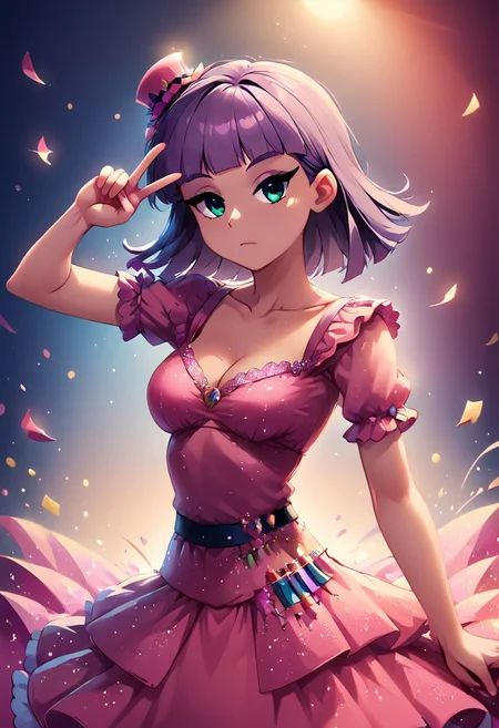 SFW, rating_all, dutch angle shot, score_10, score_8_up, score_7_up, (((human))), 1female, (((solo))), (((Maud Pie))) in an idol dress, (idol dress), idol, pink dress, layered dress, pink bow, cute pose, (((expressionless face))), (mini top hat), beautiful, detailed, vector, flat colors, (((proper finger anatomy))), (((v over eye))), glitter, sparkles, mad-confetti-explosion, perfect lighting, looking at viewer, detailed background, beautiful face, <lora:Idol-16:0.9>, Idl, dancing, stage, neon lights, Ultra-detail, (highres:1.1), best quality, (masterpiece:1.3), cinematic lighting